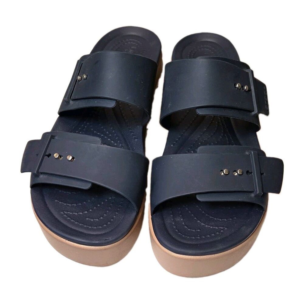Crocs Brooklyn Mid Wedge Platform Slide Sandals Navy Adjustable Strap Sz 10